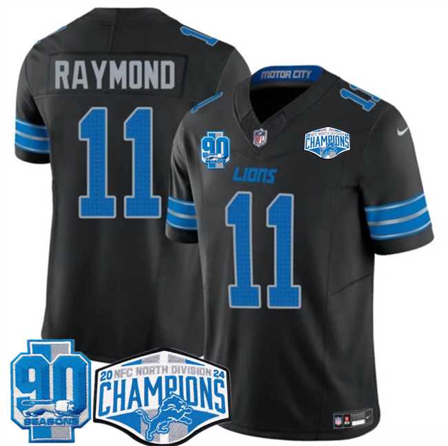 Men's Detroit Lions #11 Kalif Raymond Black 2024 NFC North Champions 90th Anniversary Patch F.U.S.E. Vapor Limited Stitched Jersey,We sell and wholesale Men's Detroit Lions #11 Kalif Raymond Black 2024 NFC North Champions 90th Anniversary Patch F.U.S.E. Vapor Limited Stitched Jersey on line form chian!